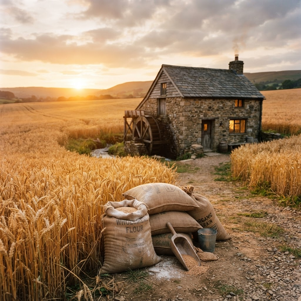 Golden wheat field at sunset with a small stone mill building