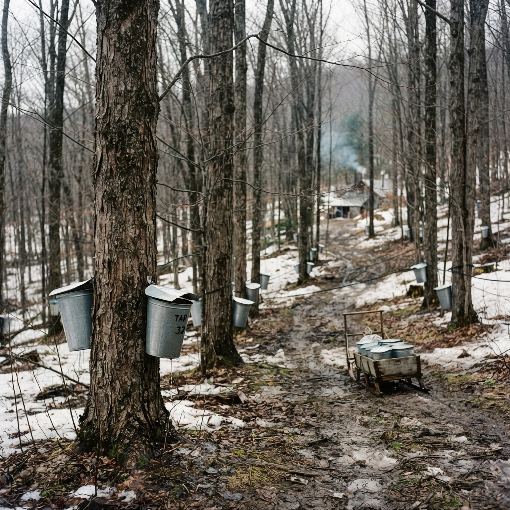 Maple sugar bush in early spring with tapped trees and sap buckets