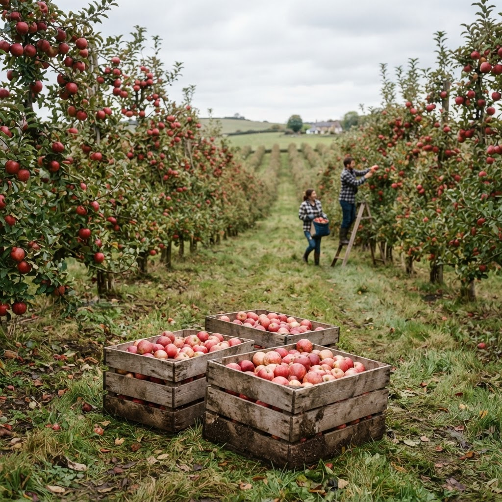 Apple orchard with fruit trees and crates of apples