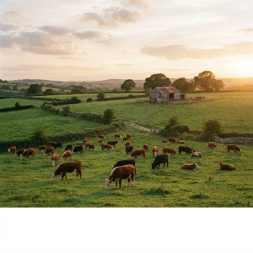 Cattle grazing on green pasture at golden hour